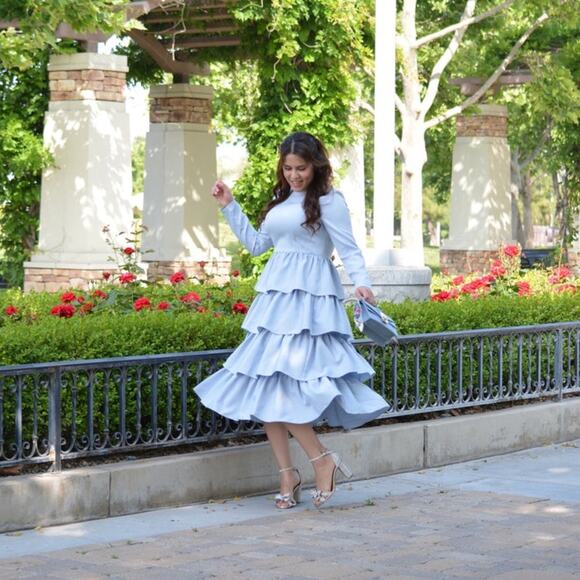 Amalfi Sky Blue Ruffle Tiered Midi Dress Long Sleeve Modest Elegant NWT - Picture 5 of 7